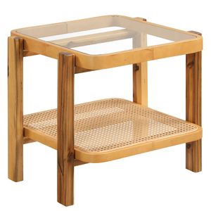 Tavolino Laterale a 2 Ripiani in Rattan con Piano in Vetro Temperato e Gambe in Legno di Acacia per Arredamento Soggiorno - Product Image 5