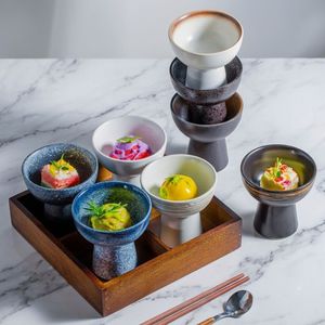 Bol à pieds hauts en céramique de style japonais vintage, peint à la main, avec glaçure au sésame, pour apéritifs, desserts et salades, destiné aux hôtels et restaurants. - Product Image 1