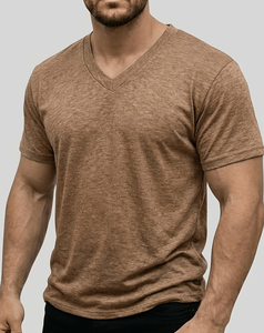 Men's V-Neck Short Sleeve Solid for Cotton Casual T-Shirt Regular Fit Breathable Enzyme Wash Jersey Fabric 180g Eco-Friendly - Product Image 2