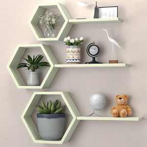 ชั้นวางของติดผนังไม้สำหรับห้องนั่งเล่น ชุด 6 ชิ้น สีเขียวพาสเทล รูปทรงหกเหลี่ยม สำหรับใส่รูปภาพ ต้นไม้ และของตกแต่งผนัง - Product Image 1