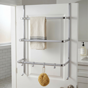 Over The Door Bathroom <b>Storage</b> Rack 3 Tier Metal Organizer With Hooks And Towel Bar Minimalist Design - Product Image 1