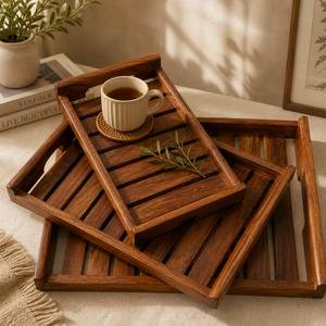 Plateau de service rectangulaire en bois massif, fait main, design rétro, pour plats et assiettes - Product Image 3