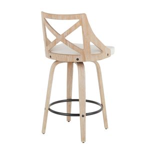 Sgabello da bancone Charlotte da 26 pollici a altezza fissa, in legno bianco sbiancato e tessuto crema, con funzione girevole, set di 2 sedie da pranzo in stile rustico - Product Image 4