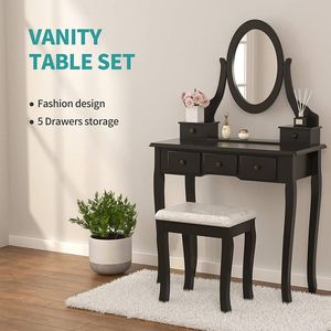 "Black Glass Vanity <b>Makeup</b> Table with Lighted <b>Mirror</b> & 5 Drawers/ Stool" - Product Image 3