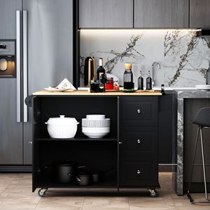 Carrello da Cucina Mobile Nero con 3 Cassetti, 2 Ante, Ripiano Ribaltabile e Portasciugamani/Portaspezie - Product Image 4