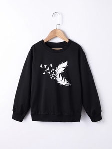 Sweat-shirt noir à col rond pour femme avec imprimé plumes et oiseaux blancs, coupe classique, en coton tricoté pour l'automne - Product Image 1