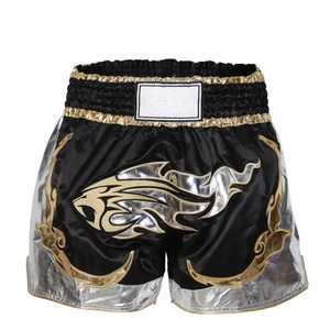 Pantalones Cortos de Muay Thai Clásicos en Negro, Dorado y Plateado con Diseño de Llama, de Secado Rápido, Poliéster Resistente, para Entrenamiento en Todas las Estaciones - Product Image 1