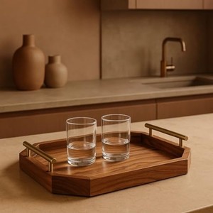 ถาดเสิร์ฟทรงแปดเหลี่ยมไม้มะม่วงพร้อมหูจับทองเหลือง |   ถาดไม้ขายส่ง - Product Image 4