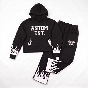 ชุดวอร์มพิมพ์ลายเปลวไฟสีแดงสำหรับผู้ชาย ผ้าฟลีซหนานุ่ม เสื้อฮู้ดและกางเกงขายาว ชุดเซ็ตขายส่ง เสื้อผ้าสตรีทแวร์ ยูนิเซ็กส์ ชุดจ็อกเกอร์ผ้าฝ้าย - Product Image 3
