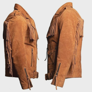 <b>Men</b>’s <b>Suede</b> Leather Fringe Biker <b>Jacket</b> Handmade Western Cowboy Tassel Tan Brown Coat Low MOQ Bulk Order - Product Image 4