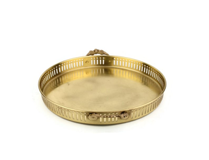 Bandeja Decorativa Redonda de Latón Dorado Antiguo con Borde Metálico Perforado y Asas Ornamentales para Decoración de Hogar de Lujo y Exhibición en Mesa - Product Image 1