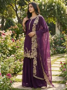 Ensemble Kurta et pantalon pour femme, style traditionnel indien pakistanais, couleur violette, avec dupatta, coupe régulière, longueur au sol, en rayonne, pour mariage - Product Image 3