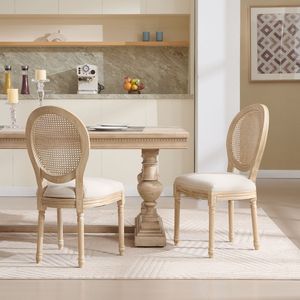 Chaises de salle à manger de style campagnard français, lot de 2, rembourrées avec dossier en rotin naturel, techniques de sculpture au fil métallique D - Product Image 1