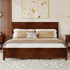 Cadre de lit king-size en bois massif, design minimaliste, finition teck brun naturel, pieds carrés, lit fait main - Product Image 2