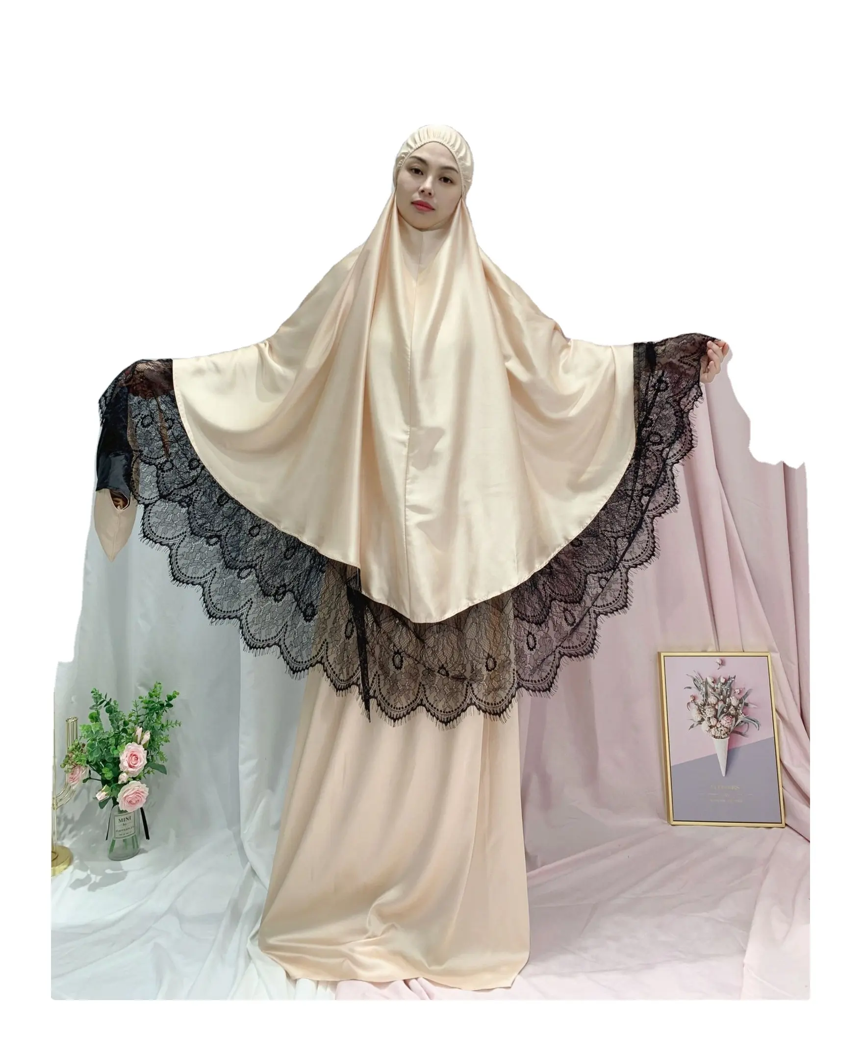 Kadınlar müslüman setleri ramazan Abaya dantel 2 adet namaz konfeksiyon elbise Khimar Islam başörtüsü elbise İslam giyim Niqab 2023