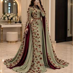 Robe de soirée ornée pour femme, robe de mariée de créateur, bordeaux, broderie florale perlée, longueur ras du sol, manches cape longues, col en V, coupe ample - Product Image 2