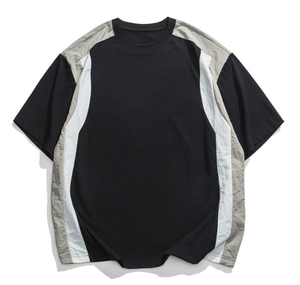 Camiseta de hombre con bloques de color y costuras en contraste, cuello redondo oversize, venta al por mayor, talla personalizada, estilo Y2K Streetwear, con diseño frontal. - Product Image 3
