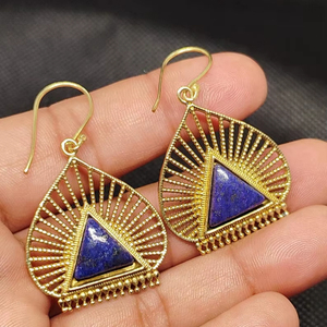 Handcrafted Gold Plated Lapis Lazuli Trendy Drop <b>Earrings</b> Luxury Women's Jewelry - Product Image 3
