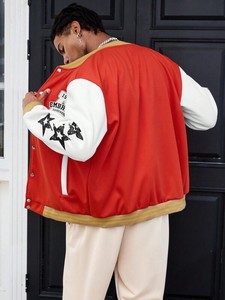 Red & White College Baseball <b>Jacket</b> for <b>Men</b> with Contrast Star Arm Design Varsity Style Streetwear Outerwear <b>Warm</b> Winter Fashion - Product Image 5