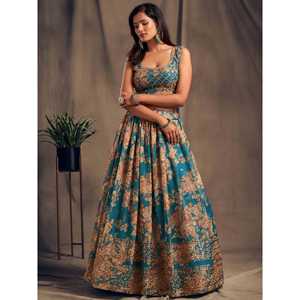 Vestidos de noche de organza con estampado floral azul verde azulado estilo festivo Lehenga Choli - Product Image 2