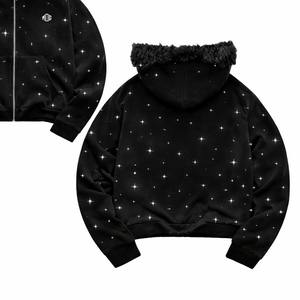 Sweat à capuche zippé pour homme avec strass et imprimé étoiles, capuche en fourrure, style streetwear décontracté, vente en gros, sweats à capuche scintillants, fournisseur OEM - Product Image 2