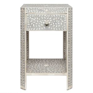 Mesita de noche con incrustaciones de hojas florales únicas y gabinete de lujo con estante abierto de capiz para un uso elegante en el dormitorio del hogar. - Product Image 1