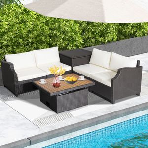 Set di mobili da esterno in vimini da 7 pezzi, tavolino da caffè e pouf in legno di acacia con cuscini, altezza regolabile, contenitore portaoggetti incluso - Product Image 3
