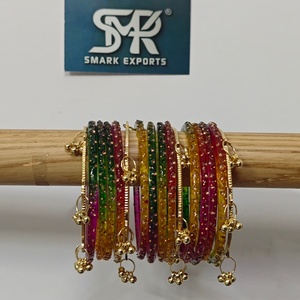 Luxury Multicolor Glass <b>Bangles</b> Set with Crystal Stone Work and Gold Ghungroo Handmade Bridal Jewelry for Womenc - Product Image 2