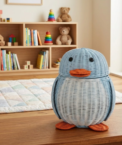 Handwoven Penguin Shaped <b>Wicker</b> <b>Storage</b> <b>Basket</b> with Lid Decorative Kids Toy Organizer, Nursery <b>Storage</b> Bin, Natural Rattan Home - Product Image 5