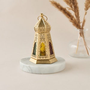 Timeless Gold Metal <b>Moroccan</b> Lantern with Multicolor Glass Panels Decorative Candle Holder for Ramadan Home Accent <b>Decor</b> - Product Image 1