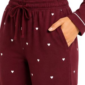 Ensemble pyjama femme bordeaux à manches longues, cardigan court et pantalon large imprimé cœurs, doux, respirant, pour la détente et le sommeil, personnalisable - Product Image 6
