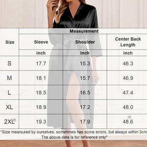 Women Satin Robe Three Quarter Sleeve V Neck Solid Black Elegant Knee Length Drawstring Closure - Product Image 6