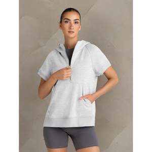 Automet 2025 automne mode femmes surdimensionné en soie à capuche à manches courtes demi fermeture éclair sweat coupe ample pull tenues - Product Image 1