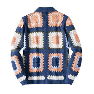 <b>Crocheted</b> Patchwork <b>Cardigan</b> Full Sleeve Button Closure Autumn Style Knit Sweater Blue Orange <b>White</b> Pattern - Product Image 2