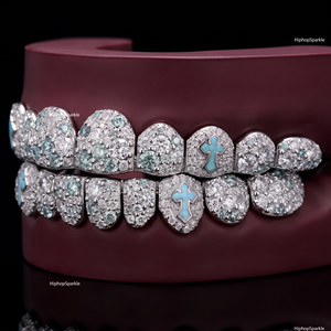 Grillz Personalizados con Incrustaciones de Plata de Ley 925, Moissanita VVS de Corte Brillante, Baño de Oro Rosa, Diseño de Cruz Azul, Joyería Hip Hop para Dientes - Product Image 2
