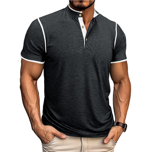 European American Men's Vintage Breathable Stand Collar Open-End Short Sleeve Double-Layer <b>Patchwork</b> Contrasting Color T-<b>Shirt</b> - Product Image 3