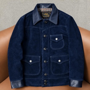 Veste en cuir de vachette suédée vintage pour homme, col rabattu, multi-poches, coupe classique, vêtement décontracté de style motard - Product Image 1