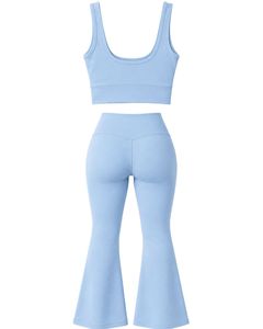Manufacturer Customized Baby Blue Womens Seamless Yoga Set <b>Flare</b> <b>Leggings</b> And Sports Bra Gym Workout Fitness Activewear Outfit - Product Image 2