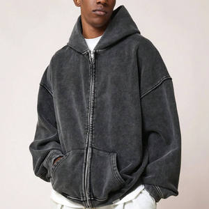 Sweat à capuche tendance délavé à l'acide avec fermeture éclair, style urbain, en molleton bouclé avec poches kangourou, respirant et coupe-vent 2026 - Product Image 1