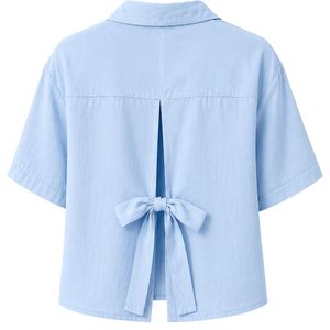 Camisa Corta Bordada Azul Cielo Personalizada para Mujer, Blusa Casual de Verano con Botones y Manga Corta, Mezcla de Lino con Logotipo Personalizado - Product Image 2