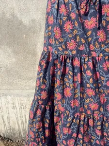 Boho Maxi <b>Skirt</b> for Women Block Print Cotton Dress Handmade Gypsy Tiered Design <b>Elastic</b> Waistline Embroidered Breathable - Product Image 3