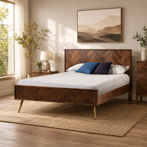 Mid Century Wooden <b>Bed</b> <b>Frame</b> With Geometric Headboard Modern <b>Platform</b> <b>Bed</b> Bedroom Furniture Factory Price Best Seller Supply - Product Image 6