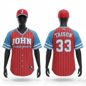 Camiseta de Béisbol para Mujer, Transpirable, de Poliéster Interlock, Diseño a Rayas Rojas y Blancas, Panel Azul Raglán, Logotipo Personalizado en Tela Tackle Twill - Product Image 1