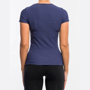 Camiseta de Punto para Mujer, Cuello Redondo, Manga Corta, Color Azul Marino Sólido, Corte Ajustado, Transpirable, para Todas las Temporadas, Ropa Casual, Camiseta de Gimnasio - Product Image 2