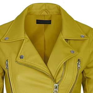 Blouson moto en cuir PU jaune pour femme, manches longues, col montant, fermeture éclair, coupe courte, couleur unie, style motard, pour l'automne - Product Image 5