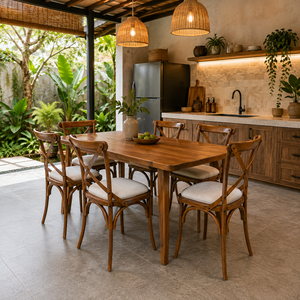 Chaise de salle à manger en teck massif style toscan, dossier croisé, qualité supérieure, assise rembourrée en cuir PU, mobilier de maison et d'hôtel - Product Image 6