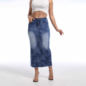 Falda Larga Vaquera Azul Vintage Casual para Mujer con Estampado en la Cadera, Ajuste Ceñido, Abertura Trasera, Ideal para Otoño/Invierno/Verano - Product Image 2