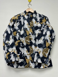 Handmade <b>Lightweight</b> Bird/Crane Print Cotton Quilted <b>Jacket</b> | Black <b>Womens</b> Short Coat | Boho Casual Autumn Outerwear | - Product Image 4