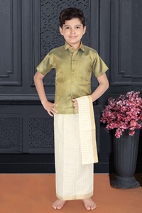 ชุดเสื้อผ้าเด็กผู้ชายผ้าไหมผสมฝ้าย ดอตี อังกาวาสตรัม ชุด 3 ชิ้น สไตล์อินเดียใต้ สำหรับงานเทศกาล ไม่ยับ ใส่ได้ทุกฤดู อายุ 0-10 ปี - Product Image 3