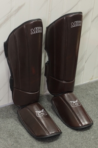 MIKEE Brown Leather Shin Guards Muay Thai Kickboxing Training Padded Leg Guards Hook Loop Closure - Product Image 6